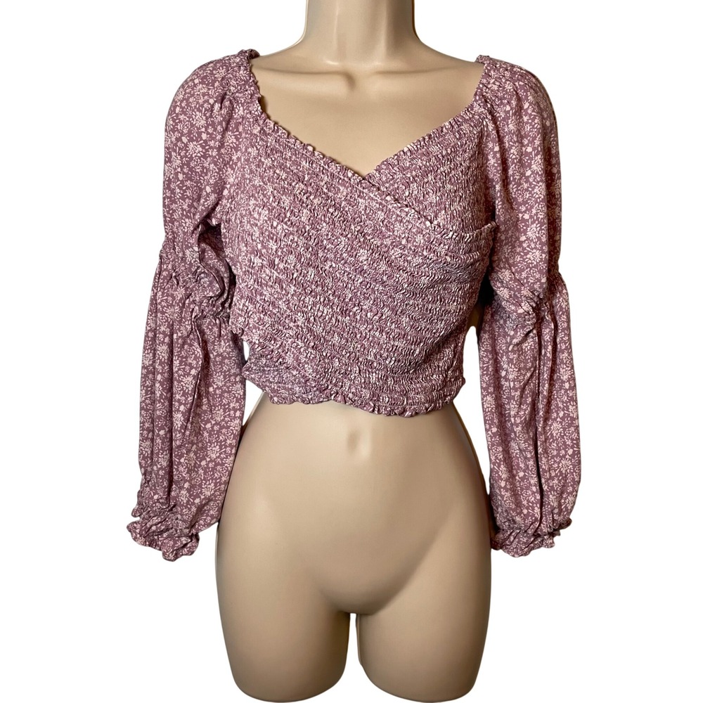 Le Lis Floral Crop Top Size Medium Smocked Long Sleeve Peasant Coquette Festival